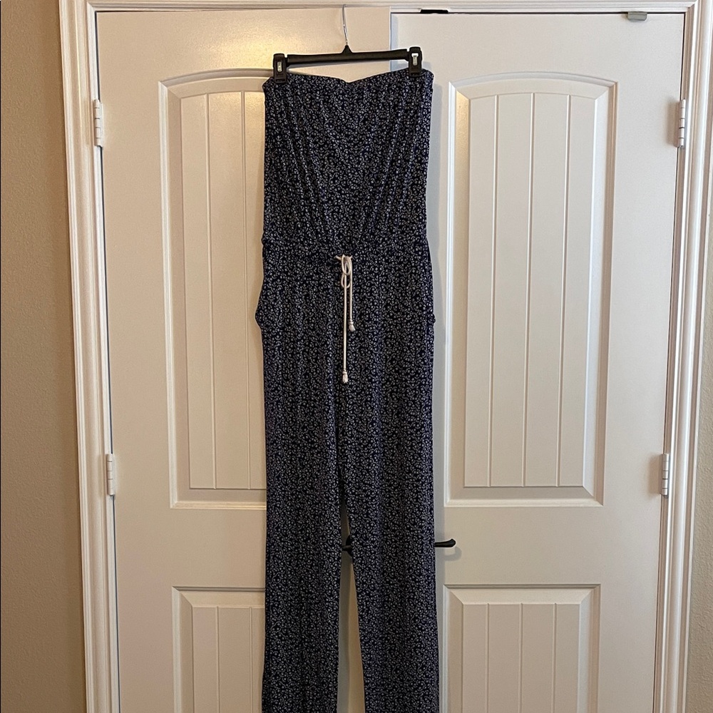 LOFT Navy and White Anchor Print Jumpsuit